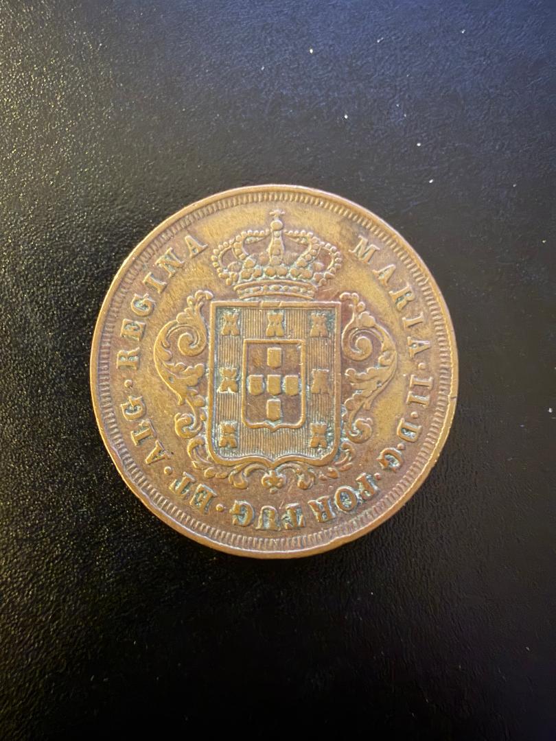 1852 Portugal 10 Reis Bronze Coin – Queen Maria II (VF)