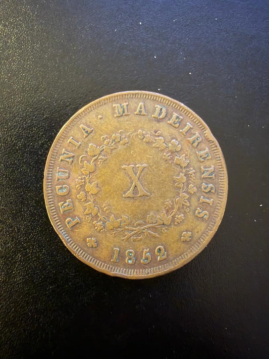 1852 Portugal 10 Reis Bronze Coin – Queen Maria II (VF)