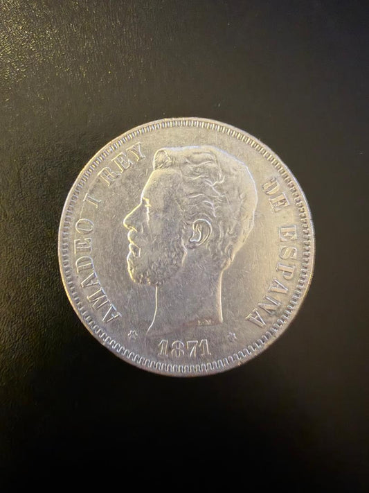 1874 Spain 5 Pesetas Silver Coin – King Amadeo I (XF–AU)