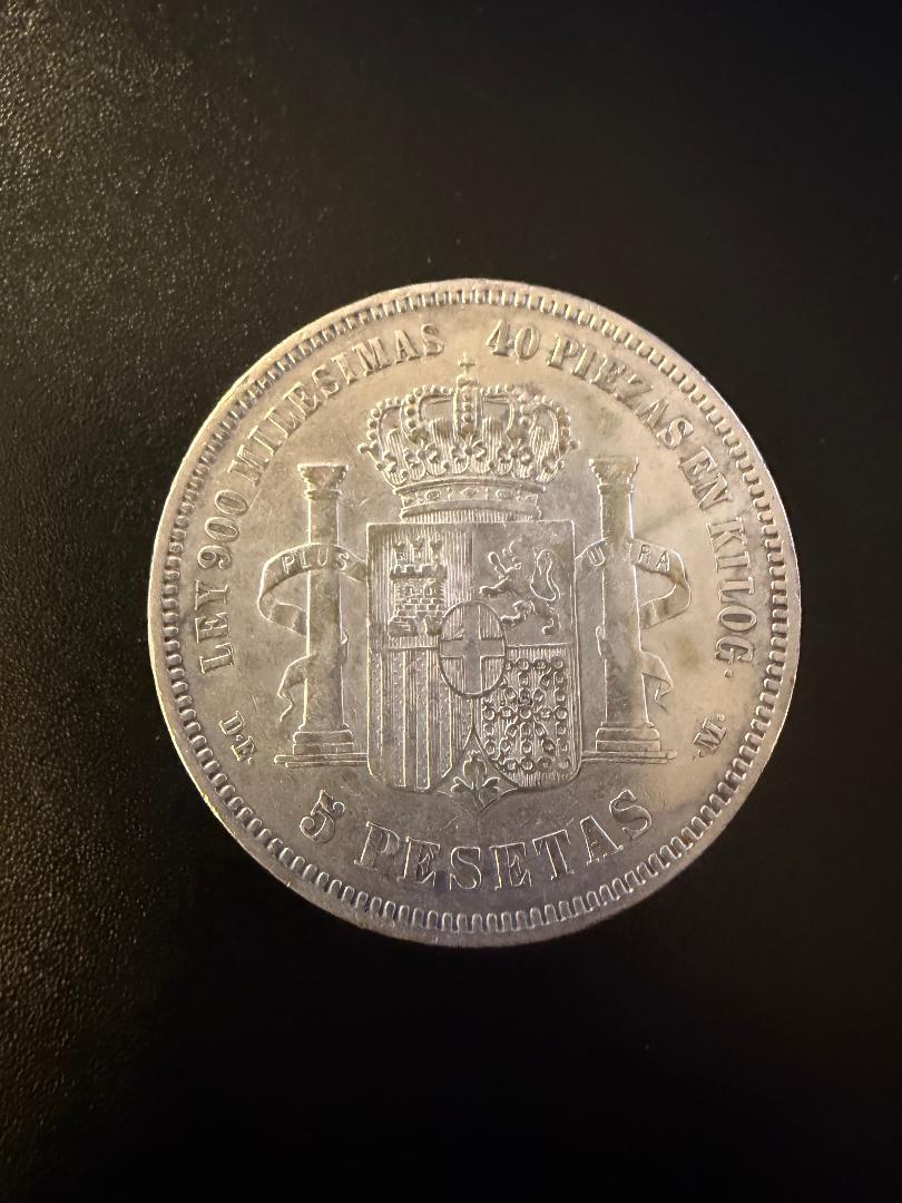 1874 Spain 5 Pesetas Silver Coin – King Amadeo I (XF–AU)