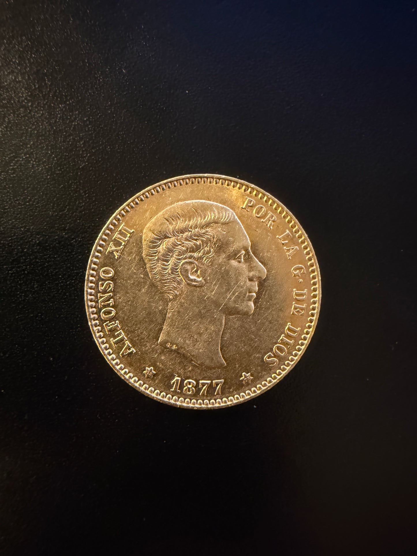Spain 25 Pesetas Gold Coin (1877)- Alfonso XII- .233 oz Gold