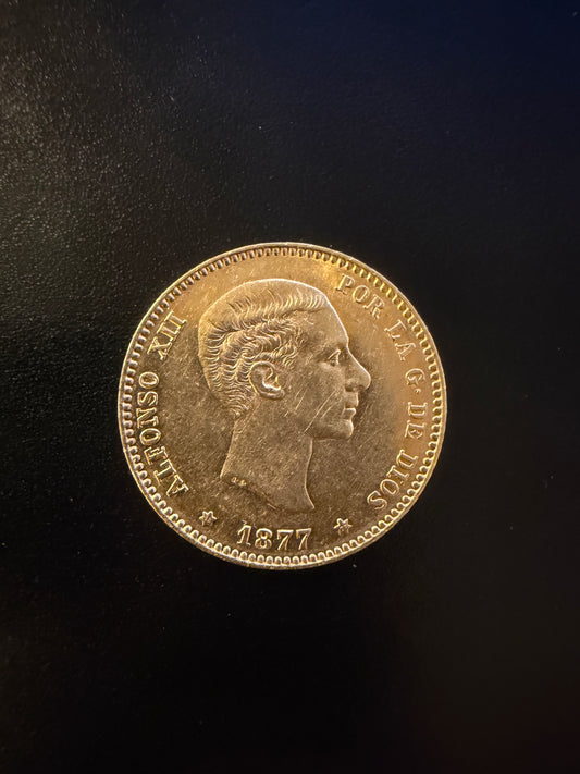 Spain 25 Pesetas Gold Coin (1877)- Alfonso XII- .233 oz Gold