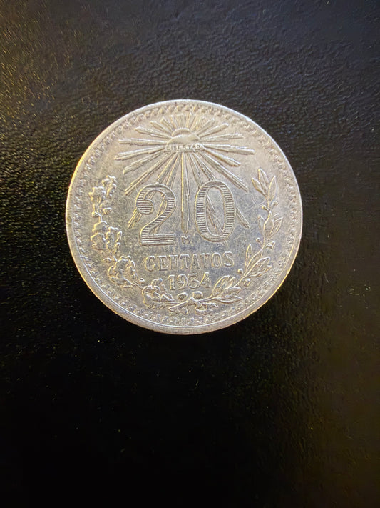 Mexico 20 Centavos 1934 Silver Coin – Eagle & Liberty Cap