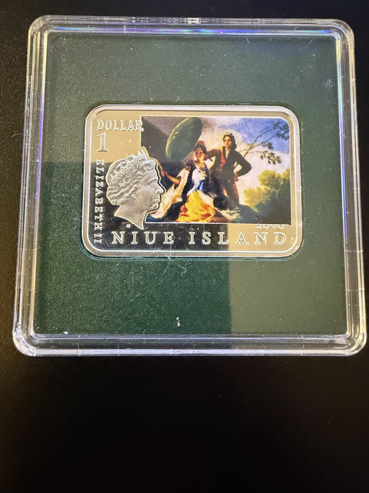 2010 Niue Island 1 Dollar Silver – “Francisco Goya – Painters of the World” – The Nude Maja / The Parasol – Colorized Proof